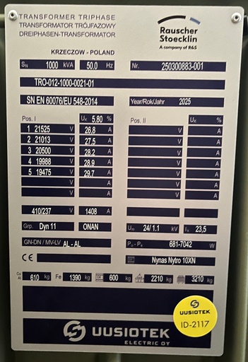 [ID-2117] 1000kVA 20/0,4 kV Öljymuuntaja Rauscher Stoecklin vm. 2025