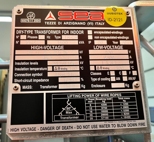 [ID-2121] 1600kVA 20/0,4kV dry type transformer SEA -2011