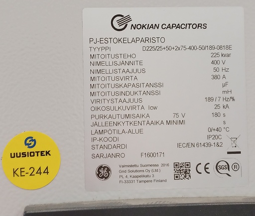 [KE-244] Nokia Capacitor 225kVar 400V 380A 25kA -2016